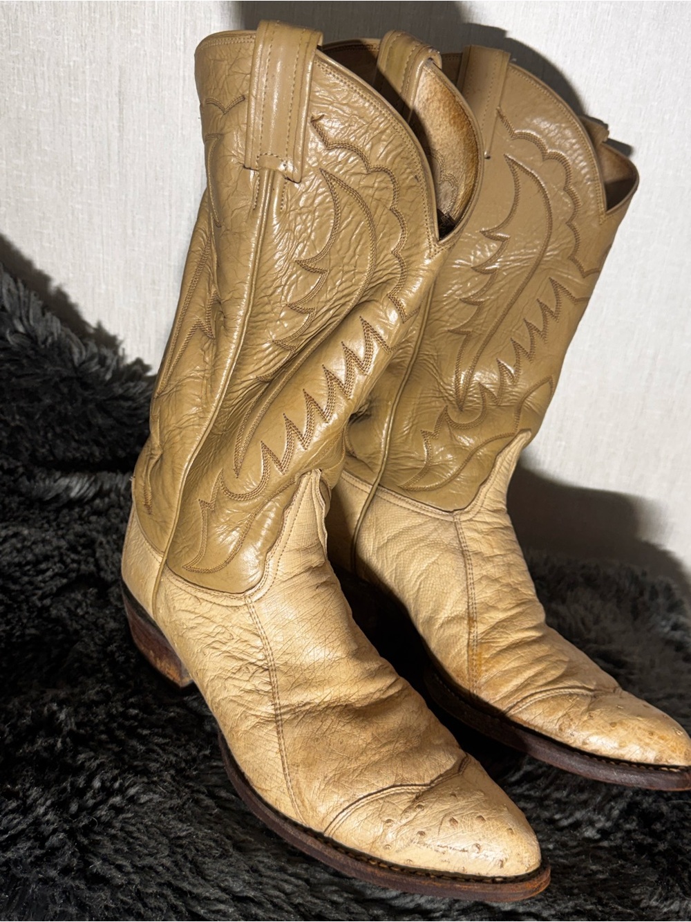 Vintage Tony Lama Black Label Ostrich Cowboy Boots in Winter White